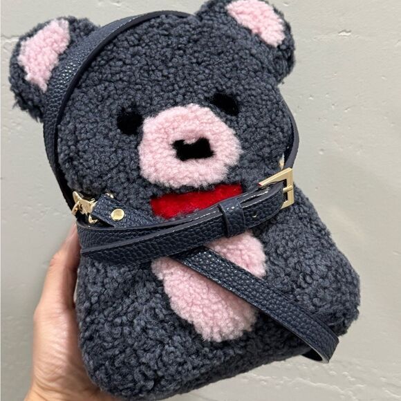 Gray Teddy Bear Purse, Handmade Colorblock Real Shearling Crossbody/Phone Pouch - Picture 14 of 16